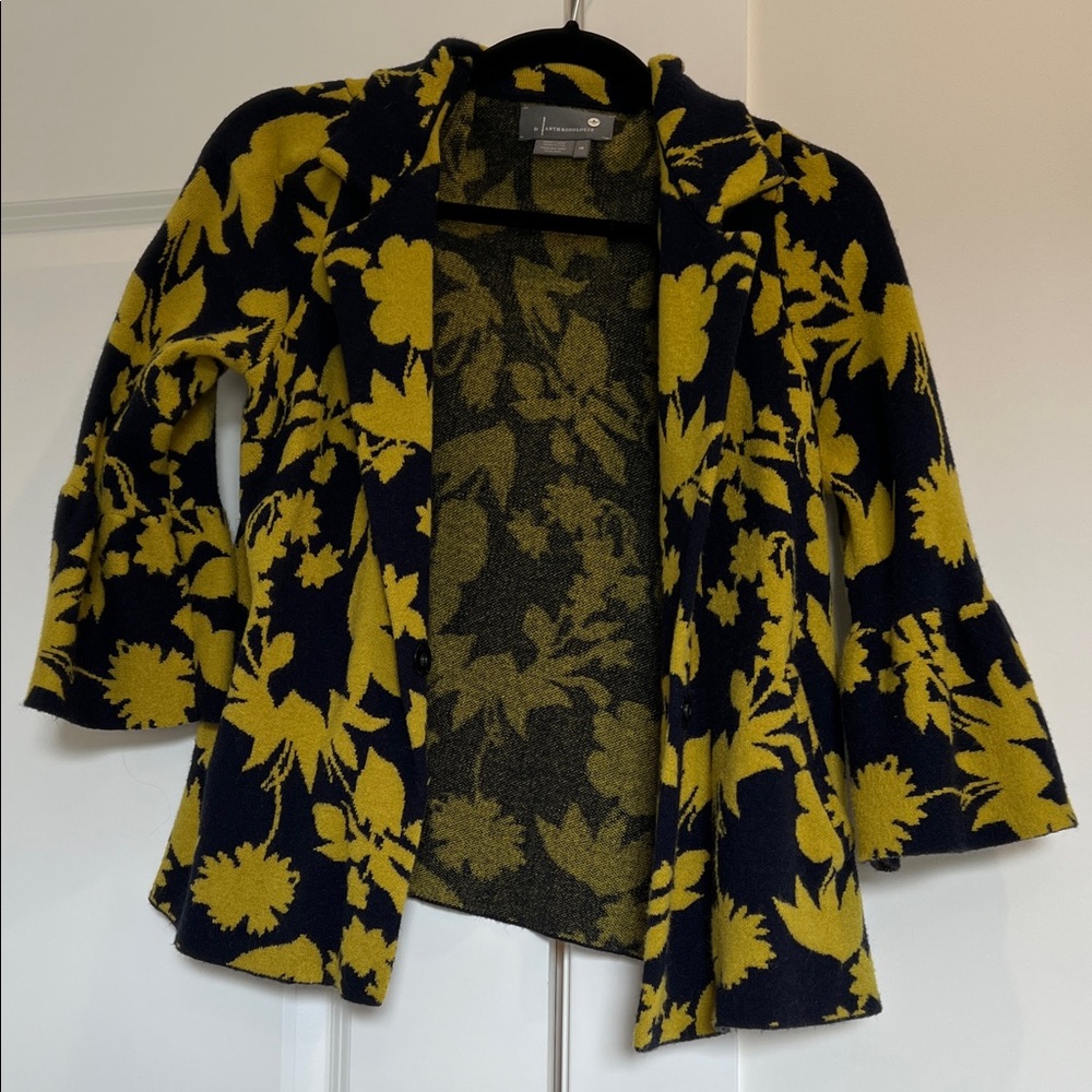 Anthropologie Navy and Mustard Floral Cardigan